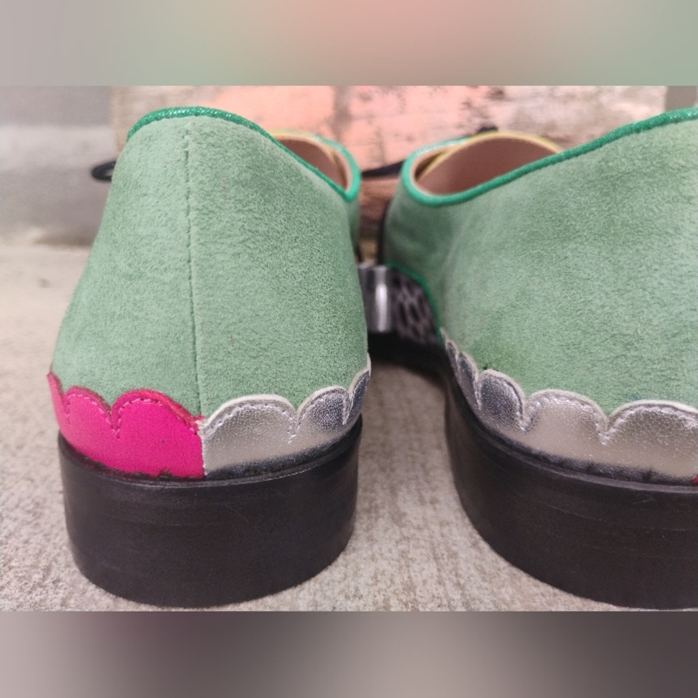 Green Multicolor Handmade Leather Suede Cow Print Oxford Fringe Shoes Size 6-8.5 - Picture 5 of 13
